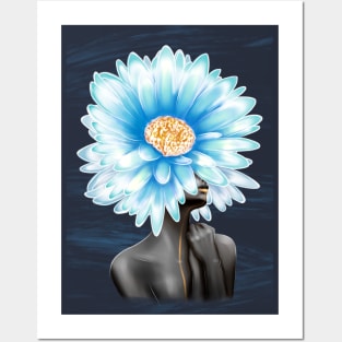 Black and white girl with color beautiful flowers in her head. Posters and Art